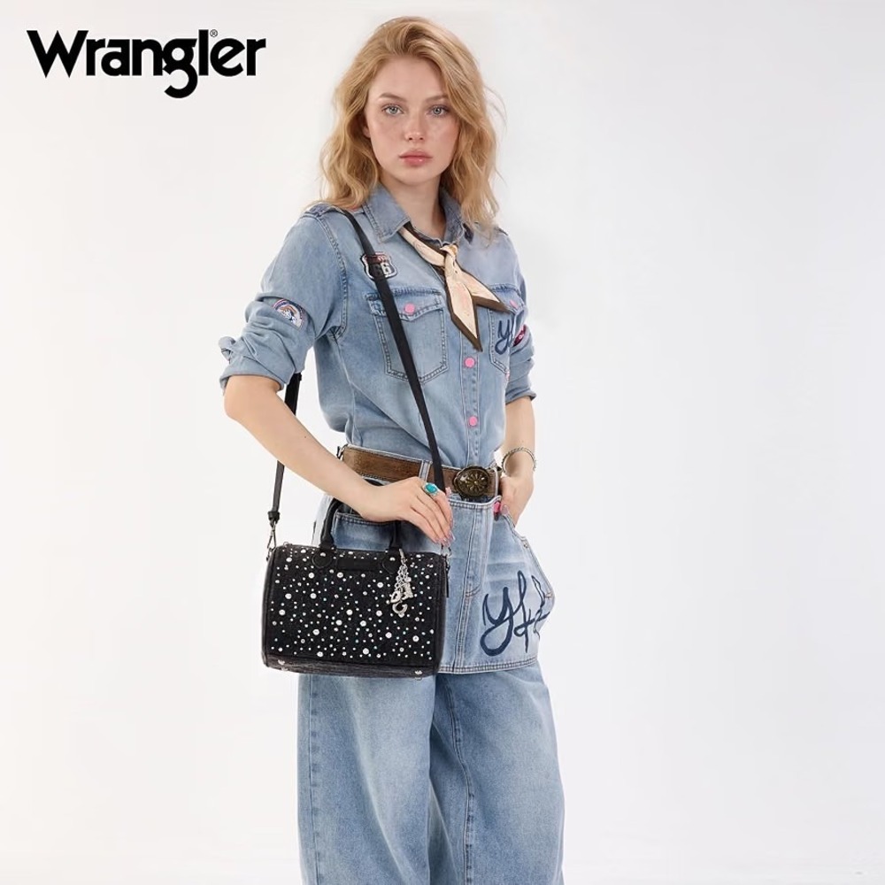 Montana West Wrangler Rhinestone Denim Barrel Bag Crossbody Satchel Purse Black - Picture 2 of 8